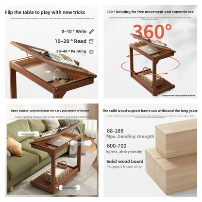 Mobile solid wood coffee table, living room storage rack, living room sofa flip side table, bedroom solid wood bedside table