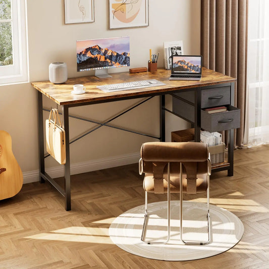 Computer Desk with 2 Drawers For Study Office Gaming Wood Table with Adjustable Position Drawers