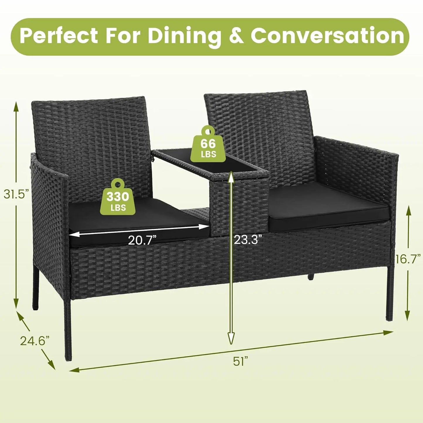 Wicker 2 Seat Patio Loveseat, Outdoor Rattan Loveseat with Table, Washable Cushion Covers, Backyard, Garden, Lawn,, Customized