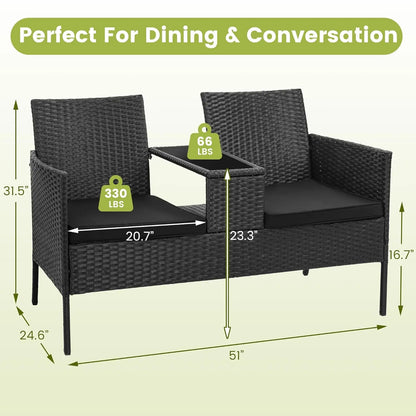 Wicker 2 Seat Patio Loveseat, Outdoor Rattan Loveseat with Table, Washable Cushion Covers, Backyard, Garden, Lawn,, Customized