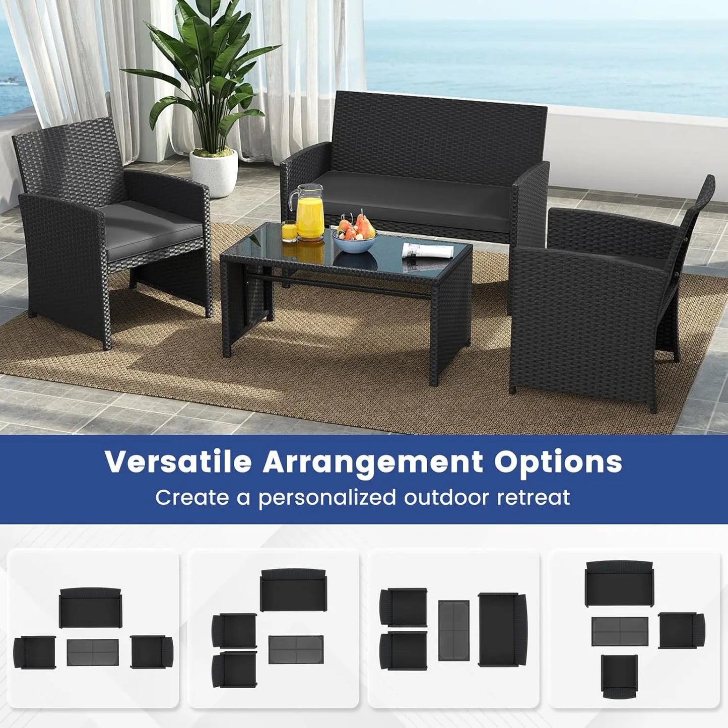 4 Pieces Patio Wicker Furniture Set, Outdoor Heavy Duty Rattan Cushioned Chairs, Loveseat and Tempered Glass Coffee, Customized