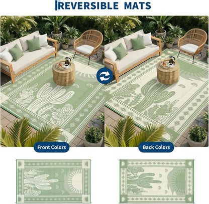 Waterproof Outdoor Rug 5x8, Cactus Botanical Reversible Mat for Camping, RV, Porch, Deck, Backyard, Balcony, Picnic, Sage Green