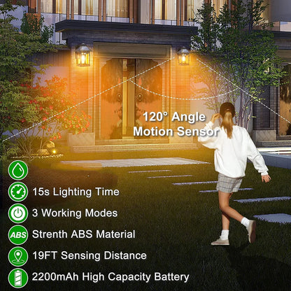 2pcs Solar Powered Wall Lanterns with 3 Modes Dusk to Dawn Motion Sensor