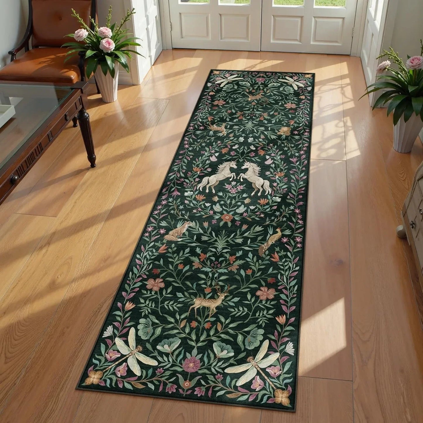 Bug Flower Theme Runner Rug Light Teal Blue Tone Insect Pattern Light Vintage Style Ideal for Nature Themed Home Hallway Deco
