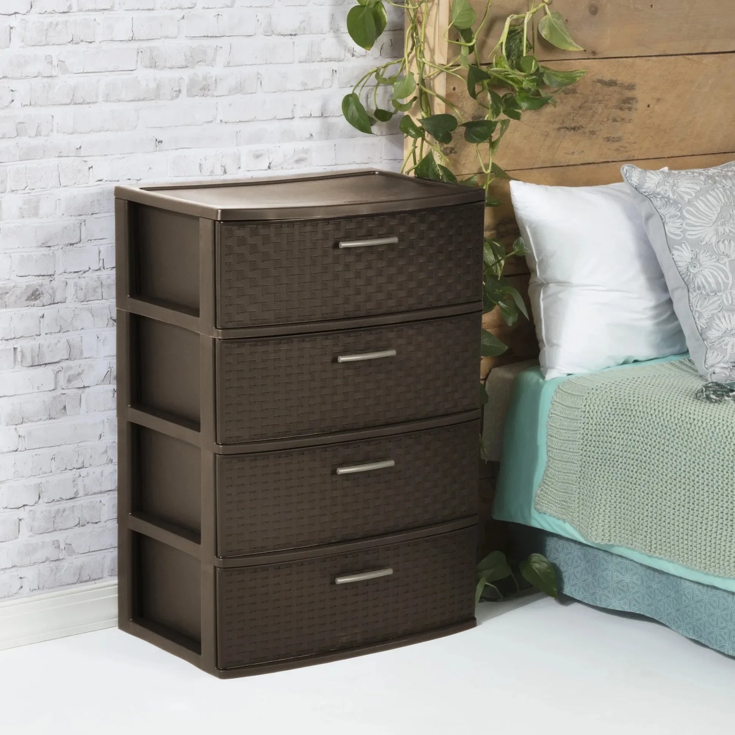 4-Drawer Wide Weave Tower Brown, Plastic Storage Drawers with Pull Handles