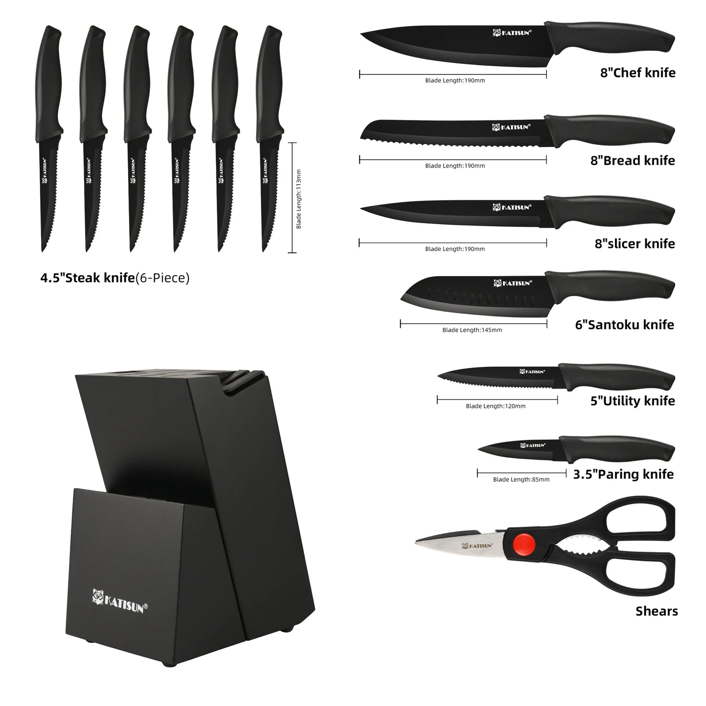 15 Pieces Carbon Steel Kitchen Knife Block Set,