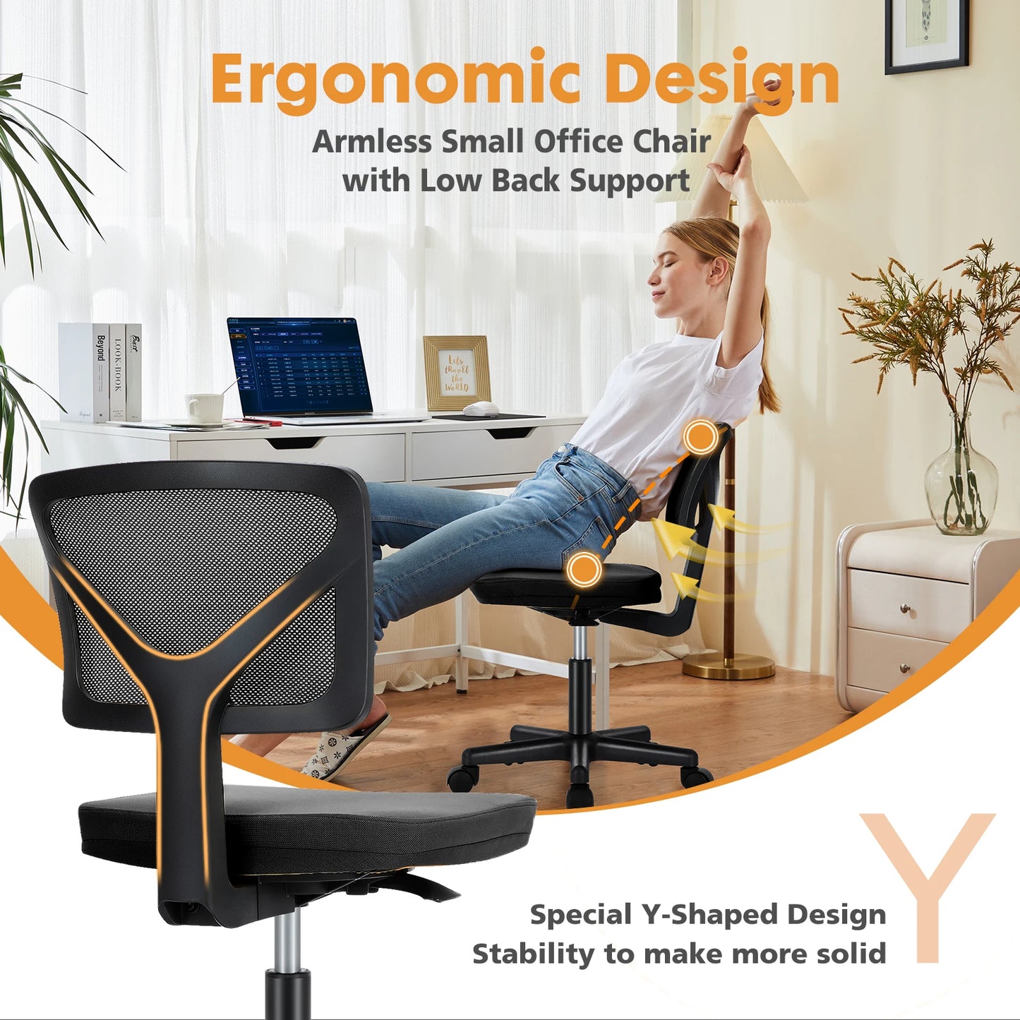 Lumbar Support Armless Low Back with Wheels Adjustable Height 360° Rolling Swivel Computer Chair