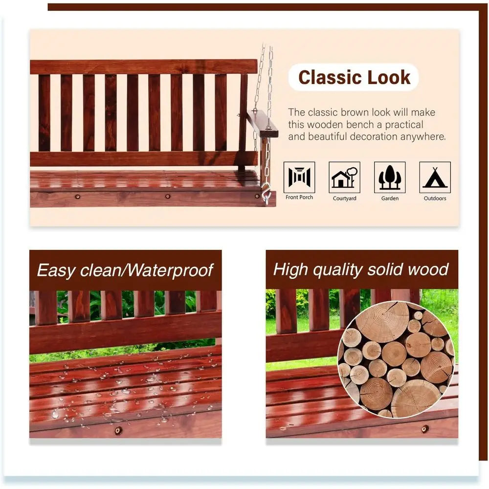 Outdoor Wooden Porch Swing 4t Patio Porch Swing Bench 800 LBS Load-Bearing acity Swing Chair Two-Person Seating with Adjustable