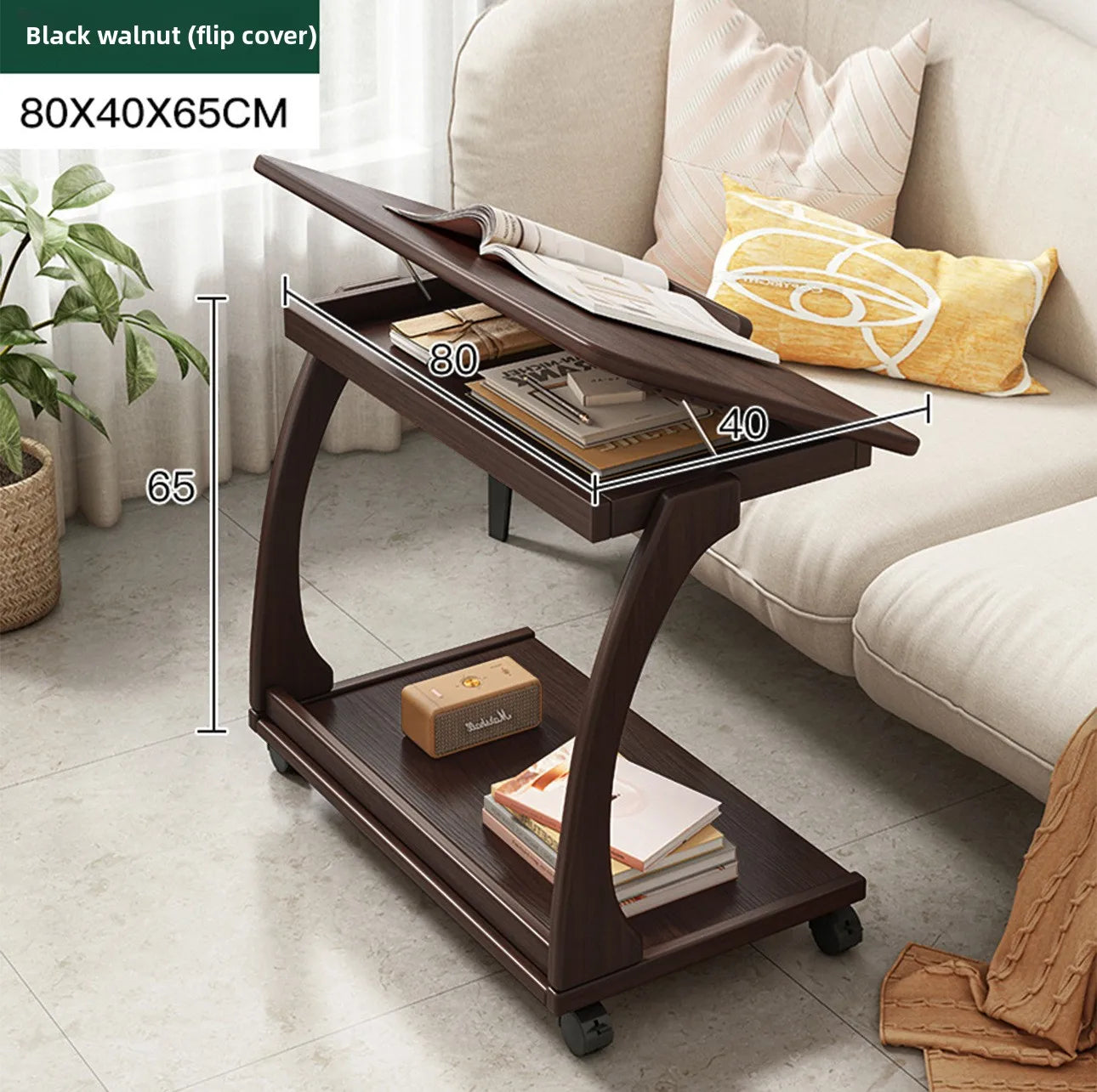 Mobile solid wood coffee table, living room storage rack, living room sofa flip side table, bedroom solid wood bedside table