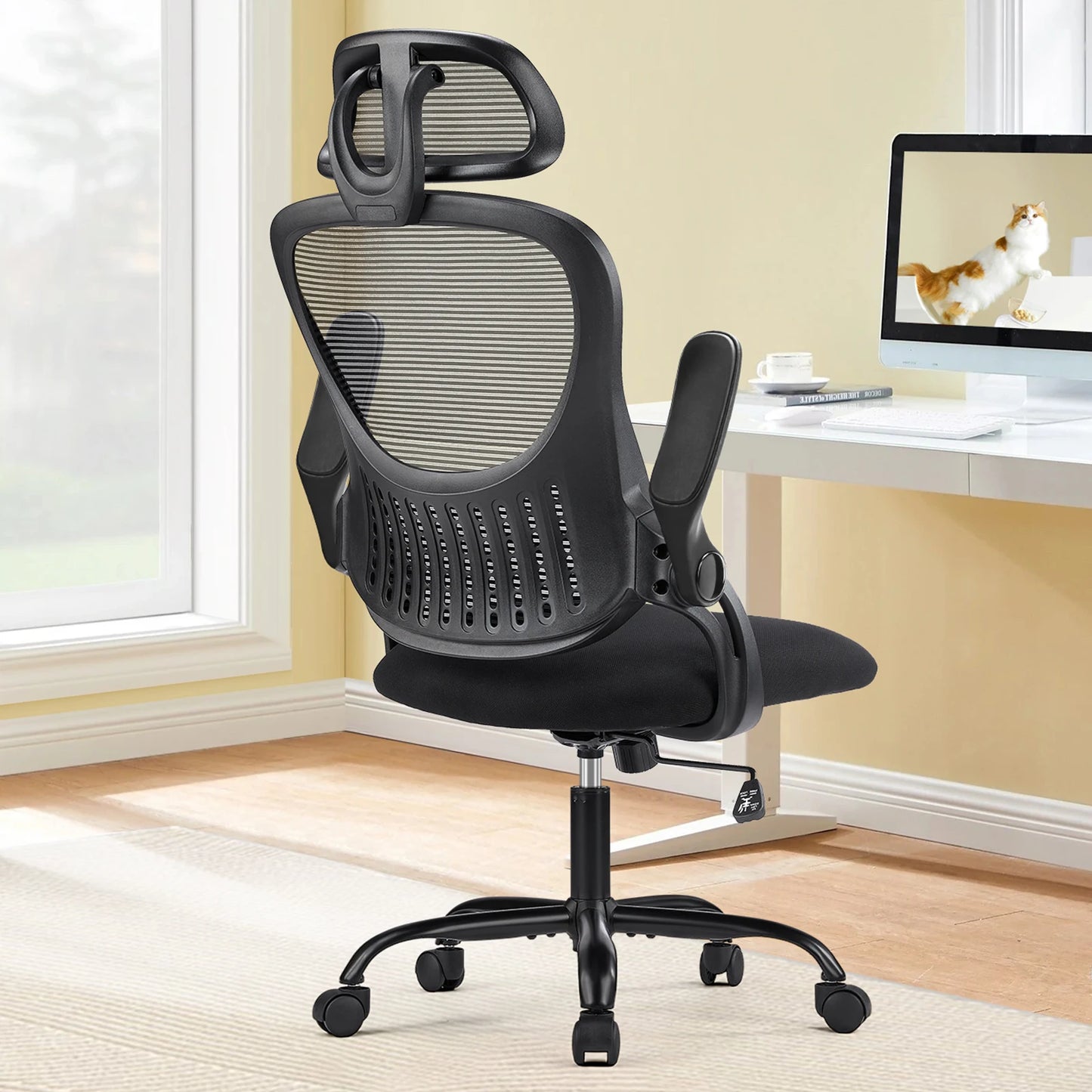 Computer Desk Chair Flip-up Arms Adjustable Headrests Comfortable Lumbar Support