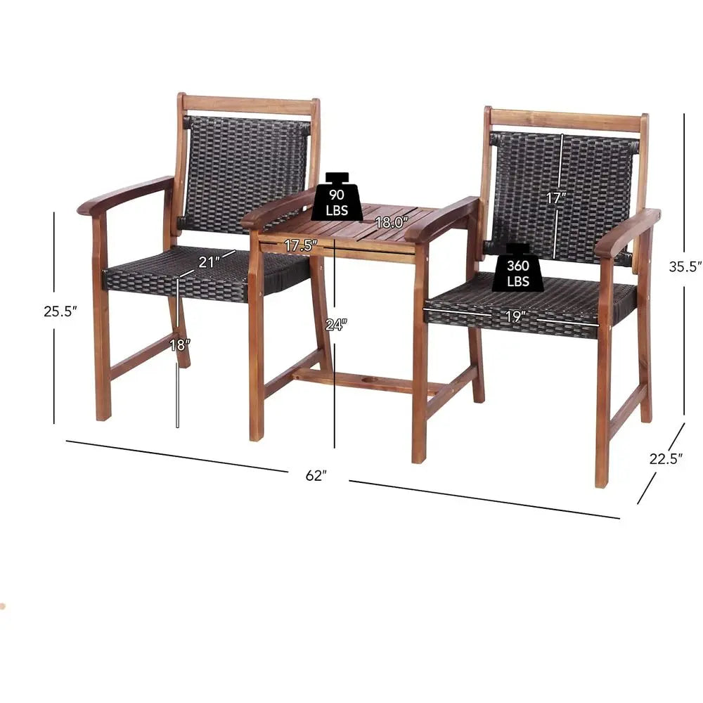 2-Seater Acacia Wood Patio Loveseat with Rattan Wicker, Coffee Table & Parasol Hole, Outdoor Furniture Set for Backyard, Poolsid
