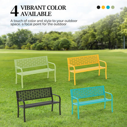 50" Metal Garden Bench Floral Back, Outdoor Porch Yard Patio Park Entryway, 800lb Capacity, Customized