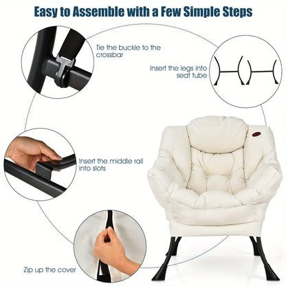 Costway Modern Polyester Fabric Lazy Chair Single Sofa Chair W Side Pocket Beige