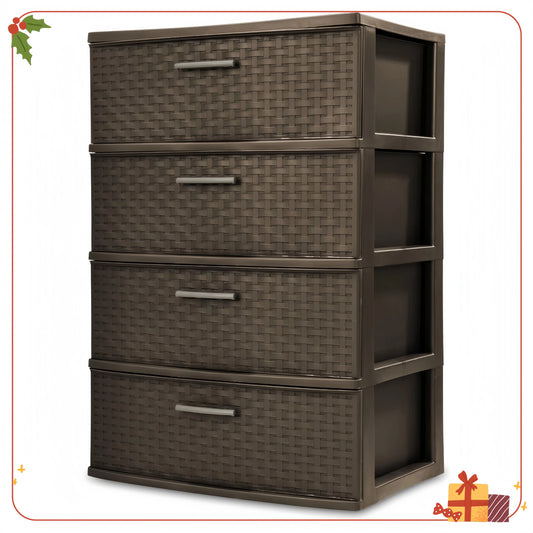 4-Drawer Wide Weave Tower Brown, Plastic Storage Drawers with Pull Handles