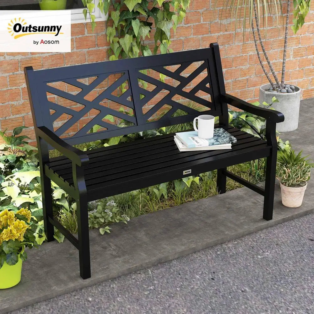Outdoor Garden Bench, Wooden Frame Patio Bench with Geometric Pattern, 43.25 Inch Weatherproof 2Person Love Seat for Garden, La