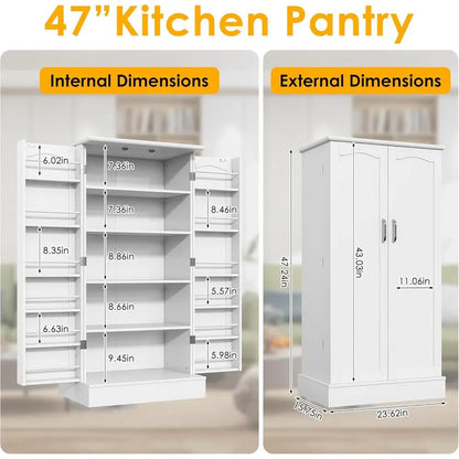 White Freestanding Kitchen Pantry Cabinet with Doors and Adjustable Shelves,