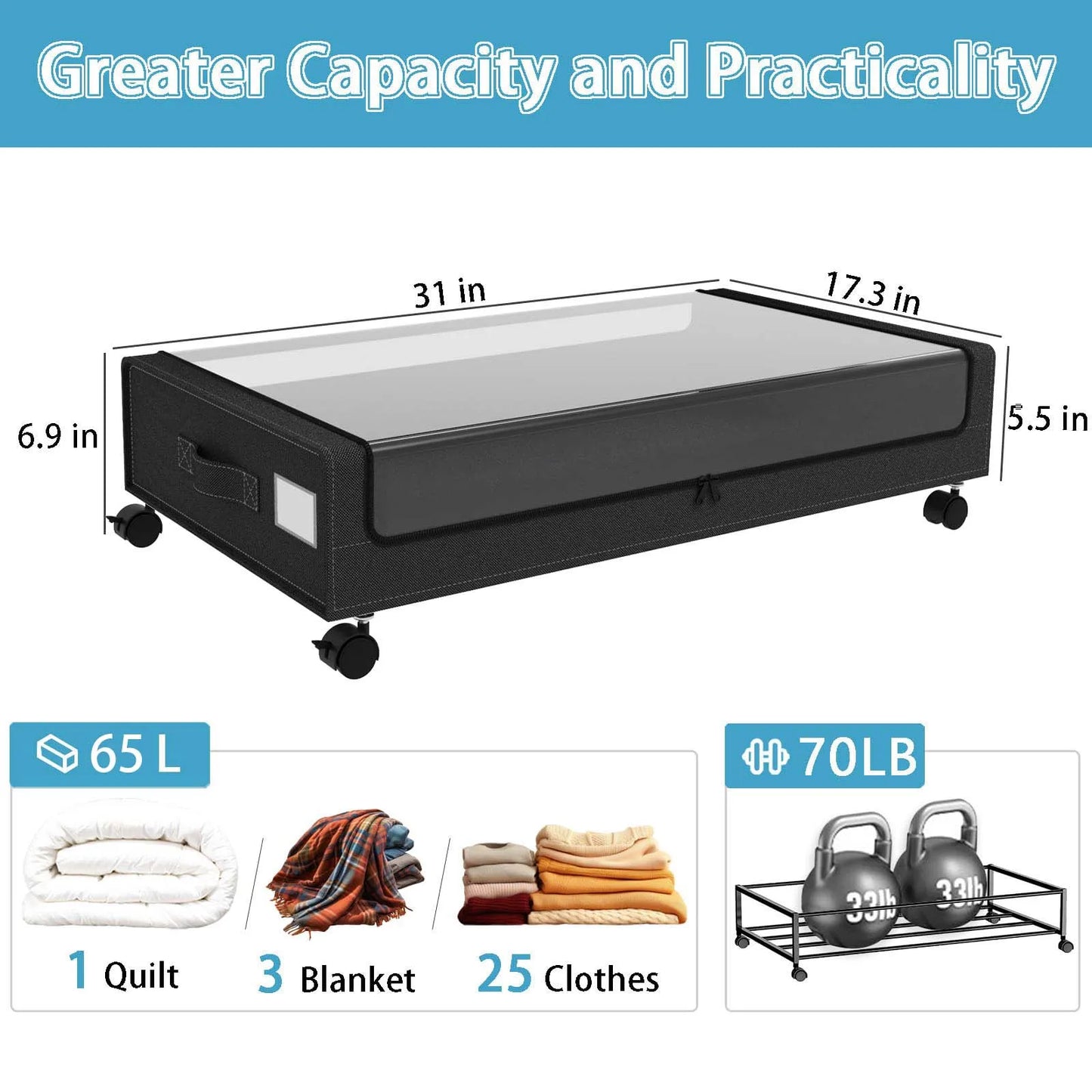 Under Bed Storage with Wheels, 2-Pack 48L Storage Bins
