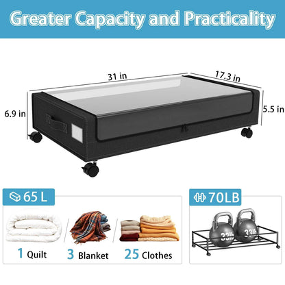 Under Bed Storage with Wheels, 2-Pack 48L Storage Bins