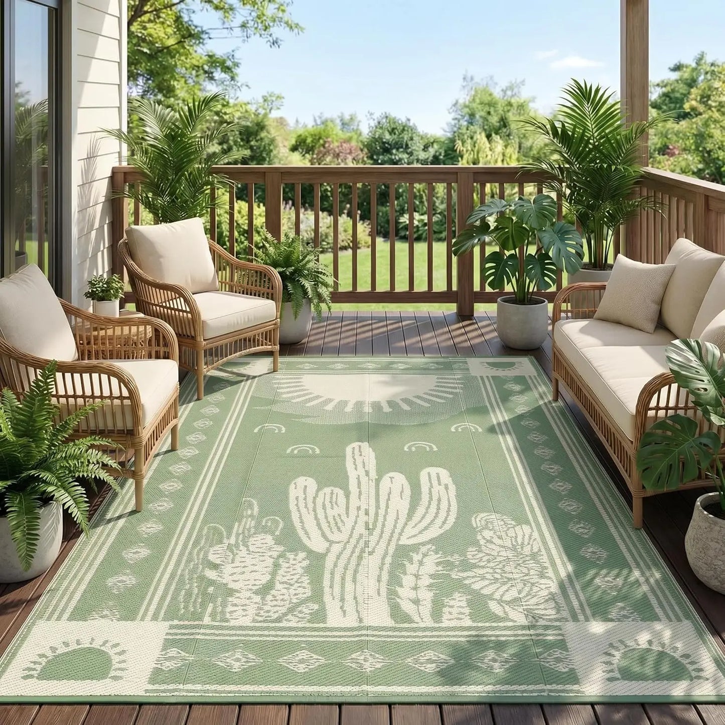 Waterproof Outdoor Rug 5x8, Cactus Botanical Reversible Mat for Camping, RV, Porch, Deck, Backyard, Balcony, Picnic, Sage Green