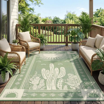 Waterproof Outdoor Rug 5x8, Cactus Botanical Reversible Mat for Camping, RV, Porch, Deck, Backyard, Balcony, Picnic, Sage Green