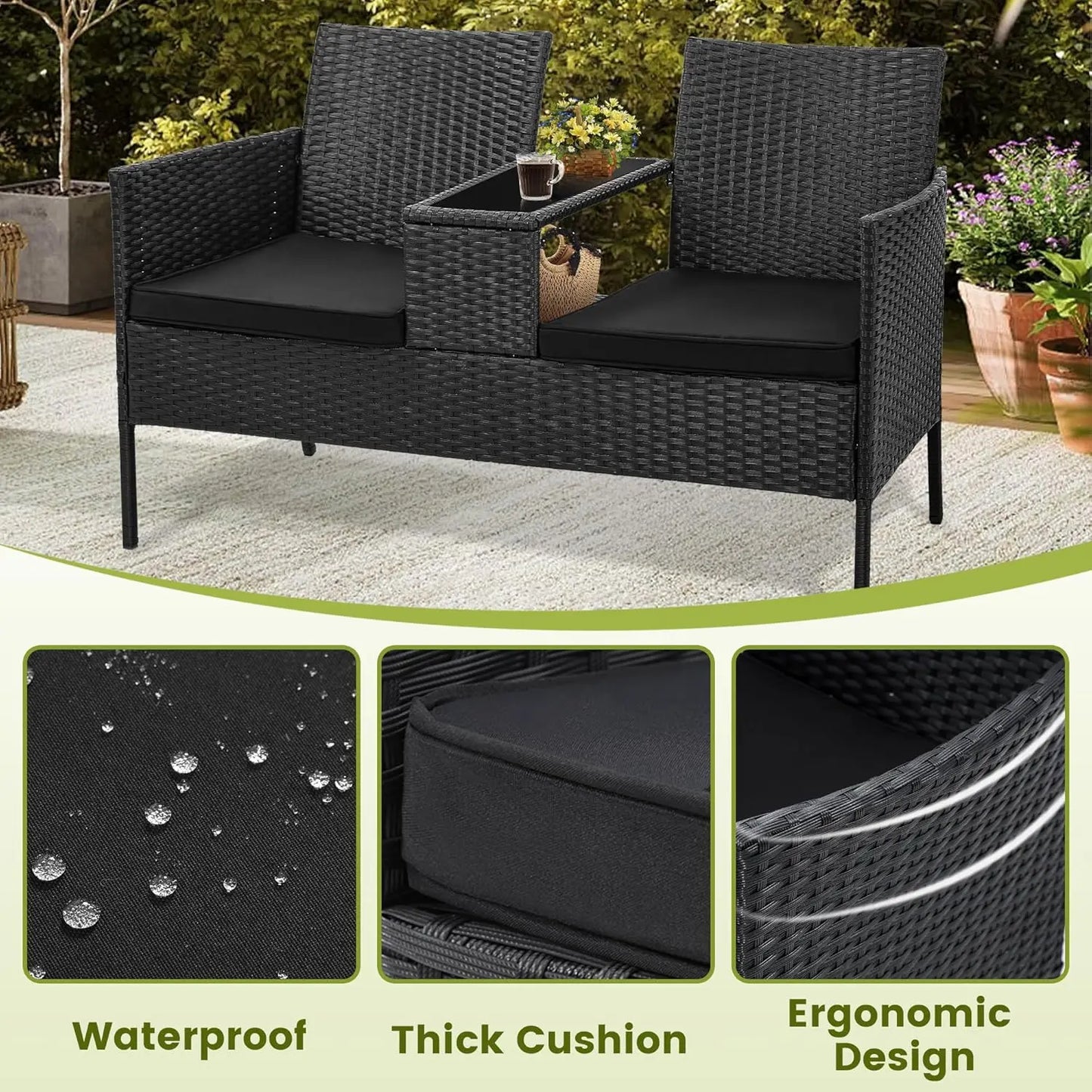 Wicker 2 Seat Patio Loveseat, Outdoor Rattan Loveseat with Table, Washable Cushion Covers, Backyard, Garden, Lawn,, Customized