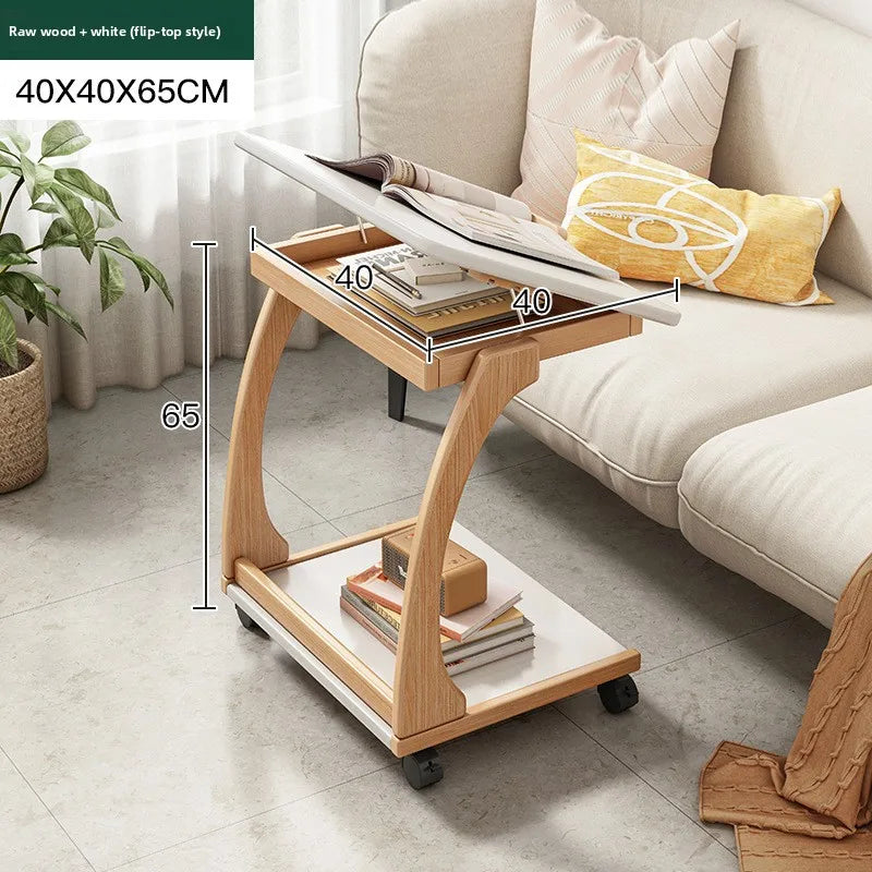Mobile solid wood coffee table, living room storage rack, living room sofa flip side table, bedroom solid wood bedside table