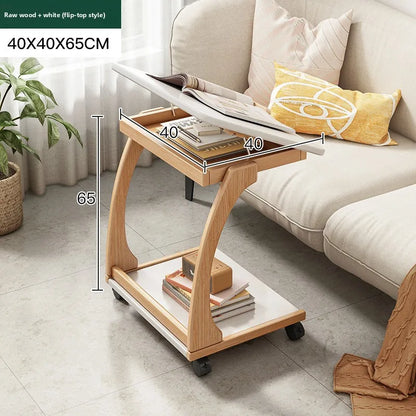 Mobile solid wood coffee table, living room storage rack, living room sofa flip side table, bedroom solid wood bedside table