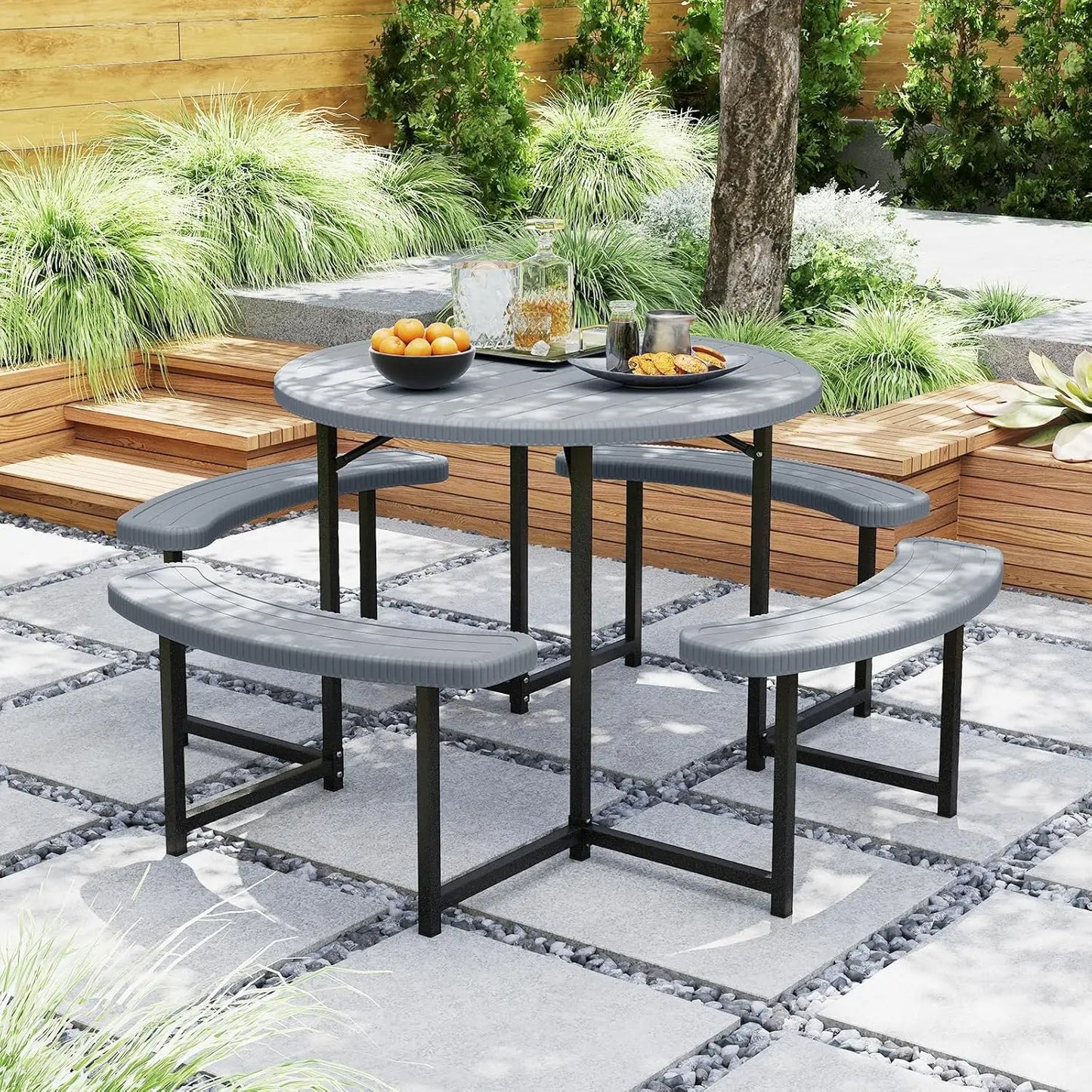 Picnic Table Bench Set for 4-8 Person, Round 37” Outdoor Dining Table w/Umbrella Hole, HDPE Tabletop, Metal Frame,, Customized