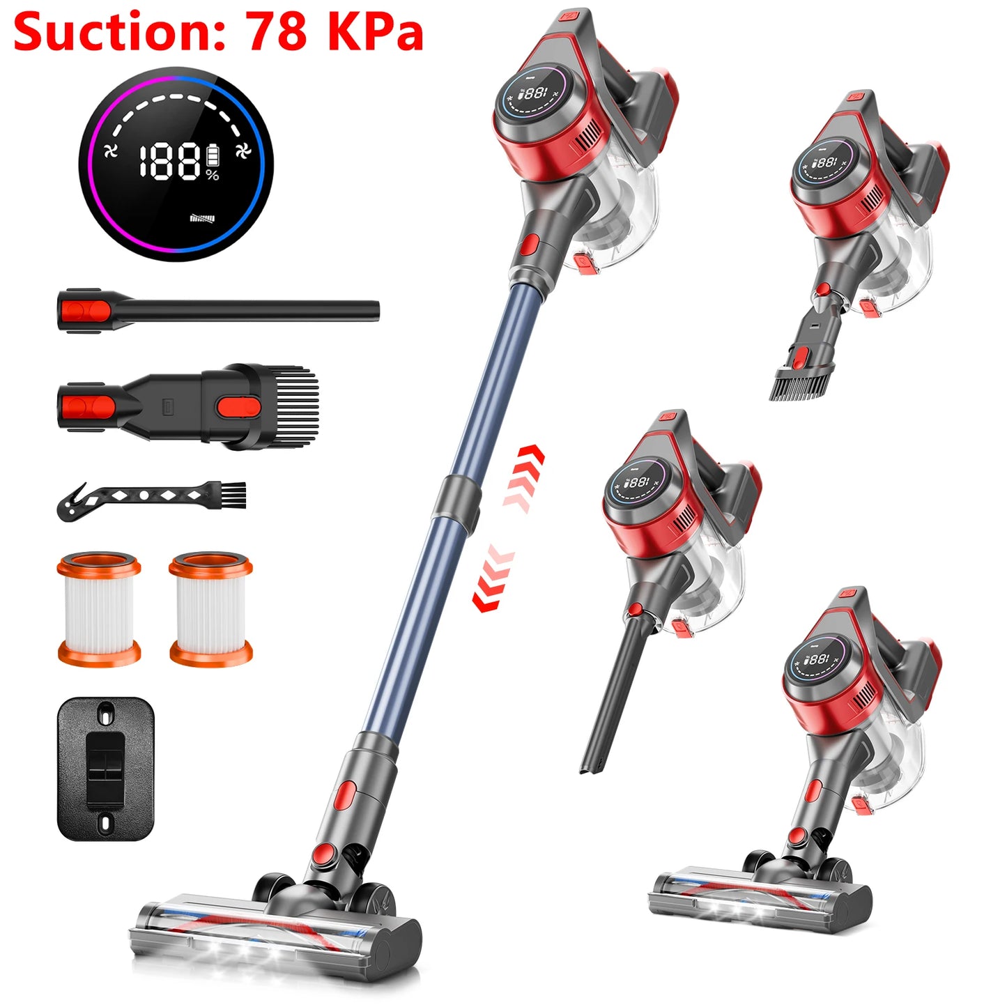 Honki Cordless Vacuum Cleaner 78KPA 45Mins 6*2200mAh Lightweight Stick Vacuum Cleaner for Home Hardwood Floor Carpet Pet Hair