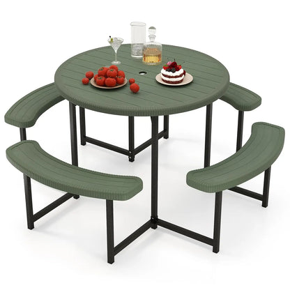 Picnic Table Bench Set for 4-8 Person, Round 37” Outdoor Dining Table w/Umbrella Hole, HDPE Tabletop, Metal Frame,, Customized