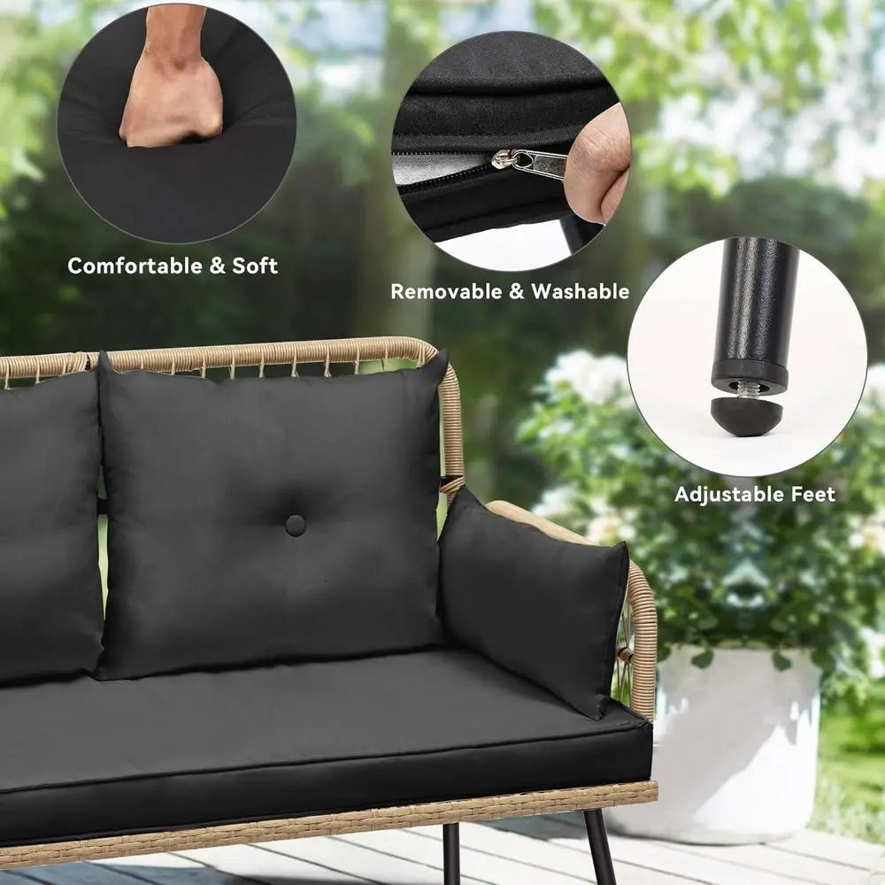 Patio urniture Wicker Outdoor Loveseat, All-Weather Rattan Contion or Backyard, Balcony and Deck with Sot Cushions (Light Brown+
