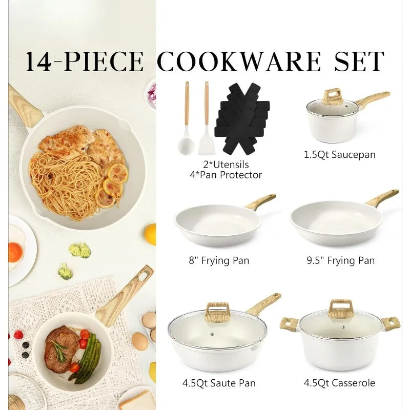 Pots and Pans Set Non Stick - 14 Pcs White Granite Kitchen Cookware Sets Nonstick Induction Cookware Cooking Pan Set with F