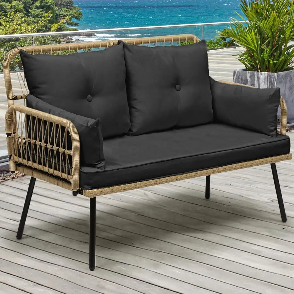 Patio urniture Wicker Outdoor Loveseat, All-Weather Rattan Contion or Backyard, Balcony and Deck with Sot Cushions (Light Brown+