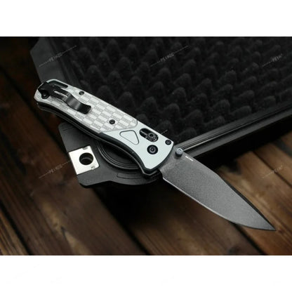 BM 535 Bugout Folding Pocket Knife, 3.15 Inch Stonewashed D2 Steel Blade Engraved Pattern Aluminum Handle 7.36 Inch Overall Length EDC Utility Knife, 4.21 Inch Compact Fold Size for Camping Hiking Bushcraft Daily Carry & Coll
