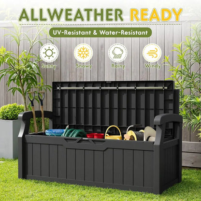 80 Gallon Storage Bench Outdoor Deck Box with Armrest, Patio Furniture,Lockable, Waterproof and UV Resistant, Suitable for Gard