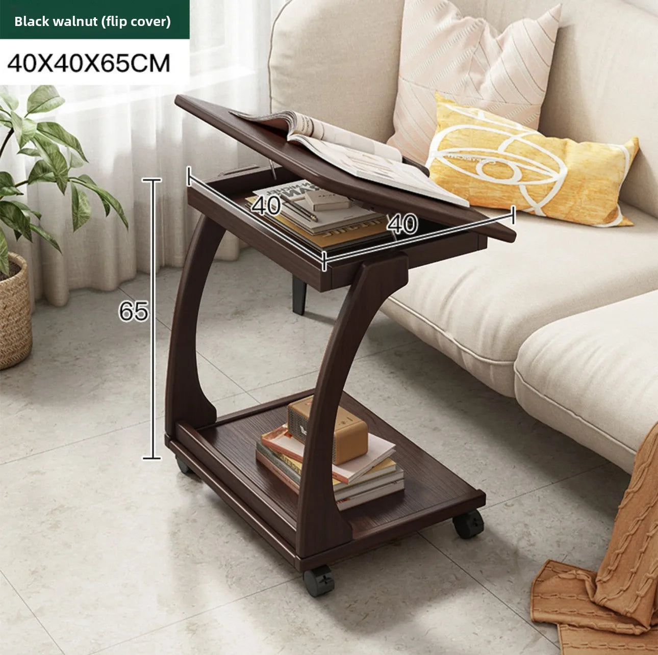 Mobile solid wood coffee table, living room storage rack, living room sofa flip side table, bedroom solid wood bedside table