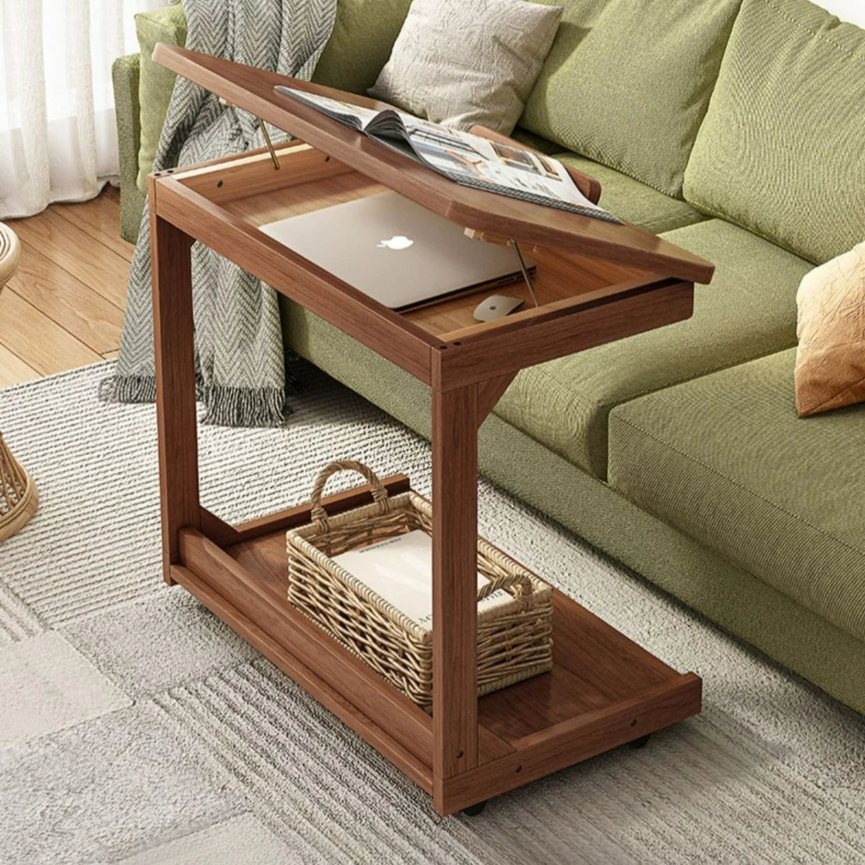 Mobile solid wood coffee table, living room storage rack, living room sofa flip side table, bedroom solid wood bedside table