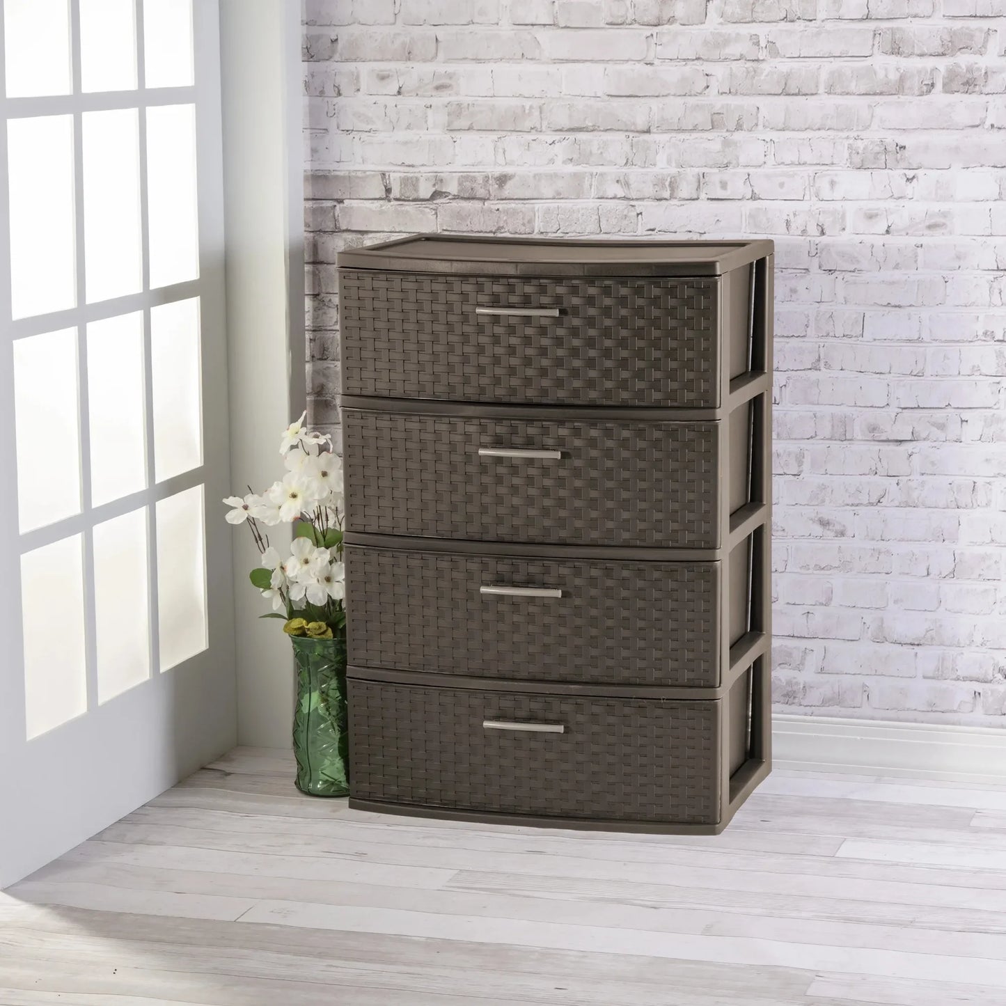 4-Drawer Wide Weave Tower Brown, Plastic Storage Drawers with Pull Handles