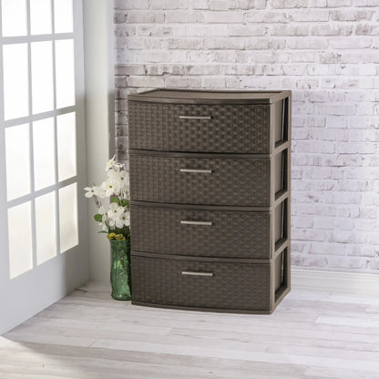 4-Drawer Wide Weave Tower Brown, Plastic Storage Drawers with Pull Handles