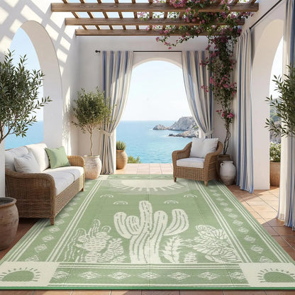 Waterproof Outdoor Rug 5x8, Cactus Botanical Reversible Mat for Camping, RV, Porch, Deck, Backyard, Balcony, Picnic, Sage Green
