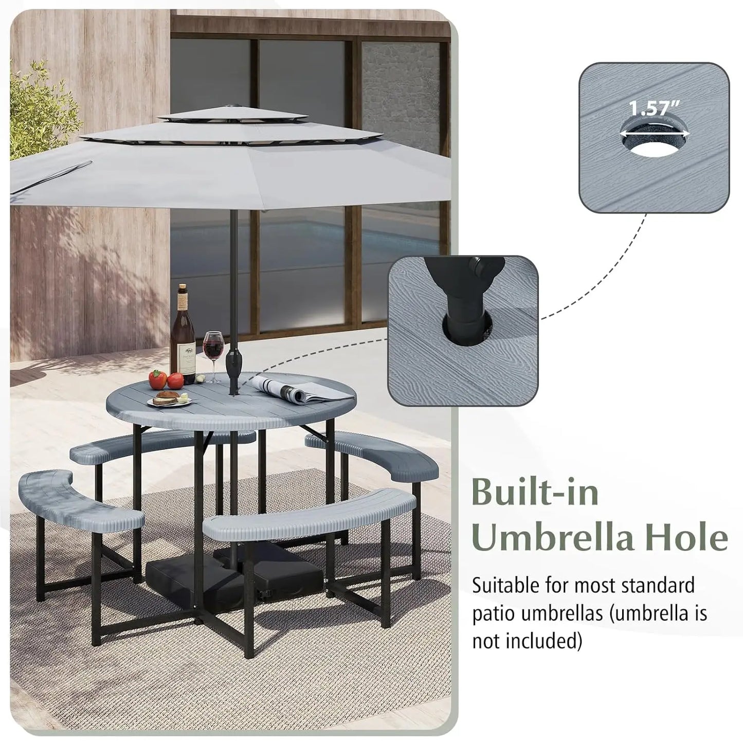 Picnic Table Bench Set for 4-8 Person, Round 37” Outdoor Dining Table w/Umbrella Hole, HDPE Tabletop, Metal Frame,, Customized
