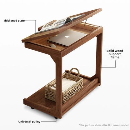 Mobile solid wood coffee table, living room storage rack, living room sofa flip side table, bedroom solid wood bedside table