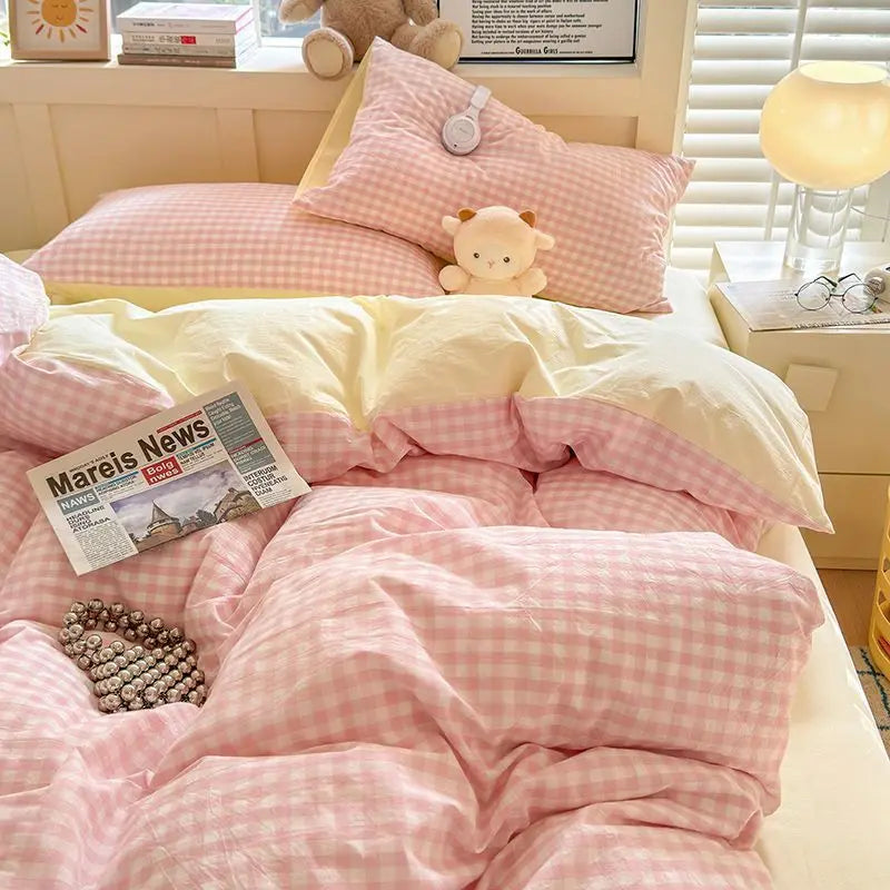 Pink Duvet Cover Set Classic Plaid