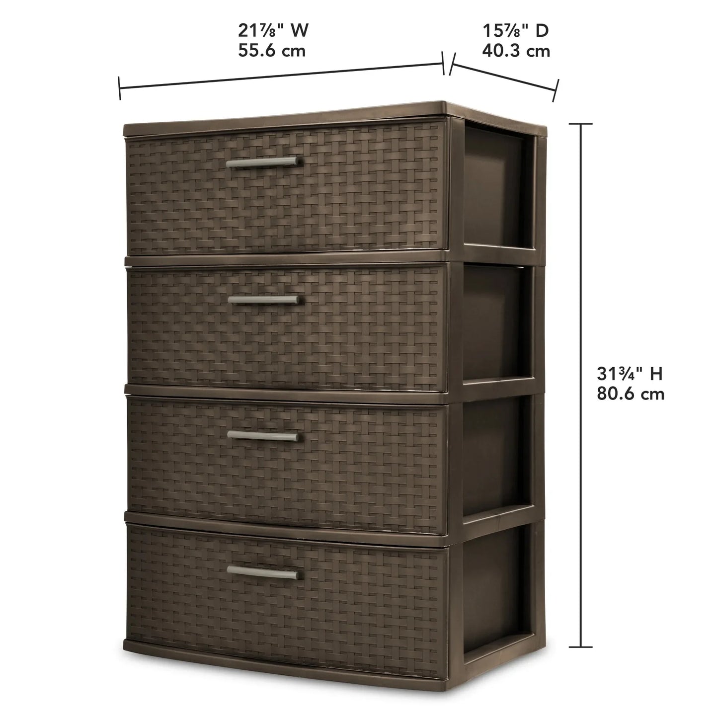 4-Drawer Wide Weave Tower Brown, Plastic Storage Drawers with Pull Handles