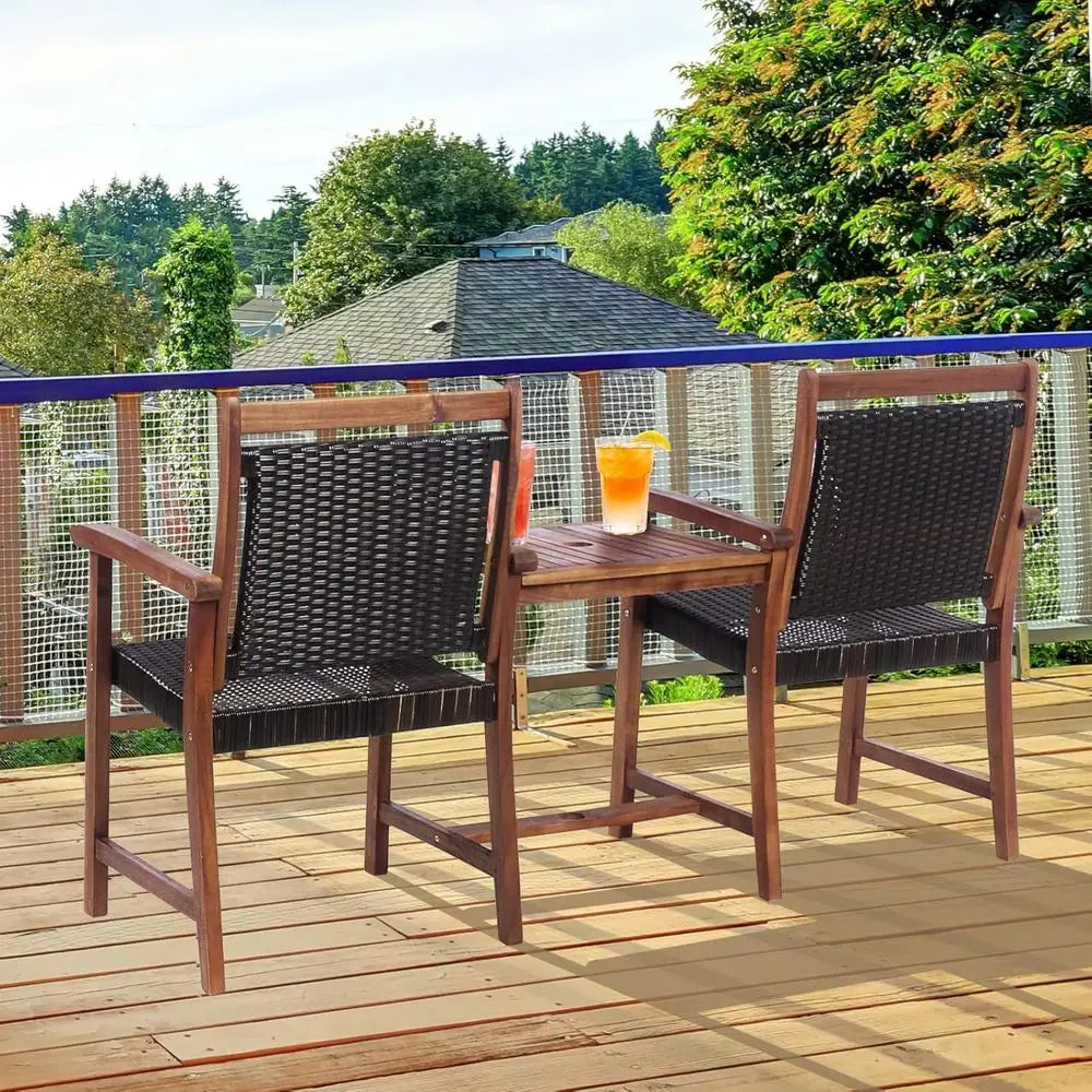 2-Seater Acacia Wood Patio Loveseat with Rattan Wicker, Coffee Table & Parasol Hole, Outdoor Furniture Set for Backyard, Poolsid