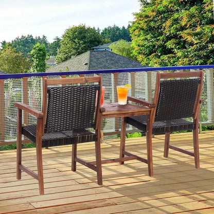 2-Seater Acacia Wood Patio Loveseat with Rattan Wicker, Coffee Table & Parasol Hole, Outdoor Furniture Set for Backyard, Poolsid