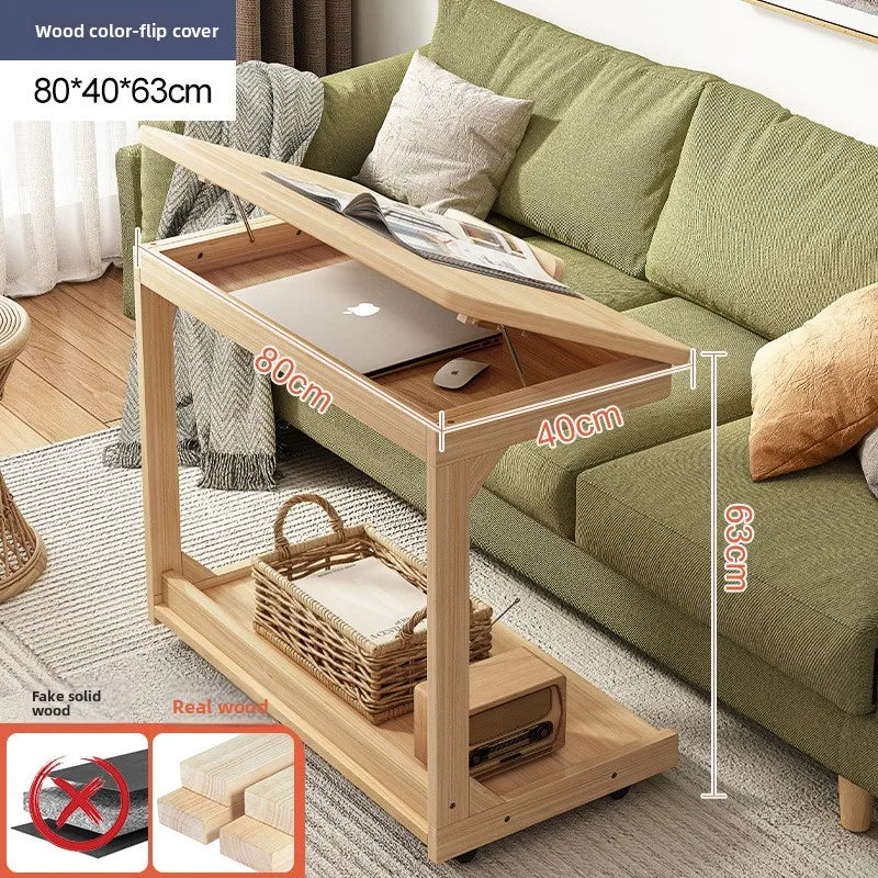 Mobile solid wood coffee table, living room storage rack, living room sofa flip side table, bedroom solid wood bedside table
