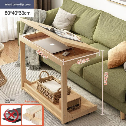 Mobile solid wood coffee table, living room storage rack, living room sofa flip side table, bedroom solid wood bedside table