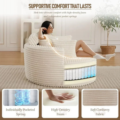 50'' Oversized Round Chaise Lounge Chair, Corduroy Cloud Couch Bed, Comfy Deep Seat, No Assembly, for Living Room, Beige
