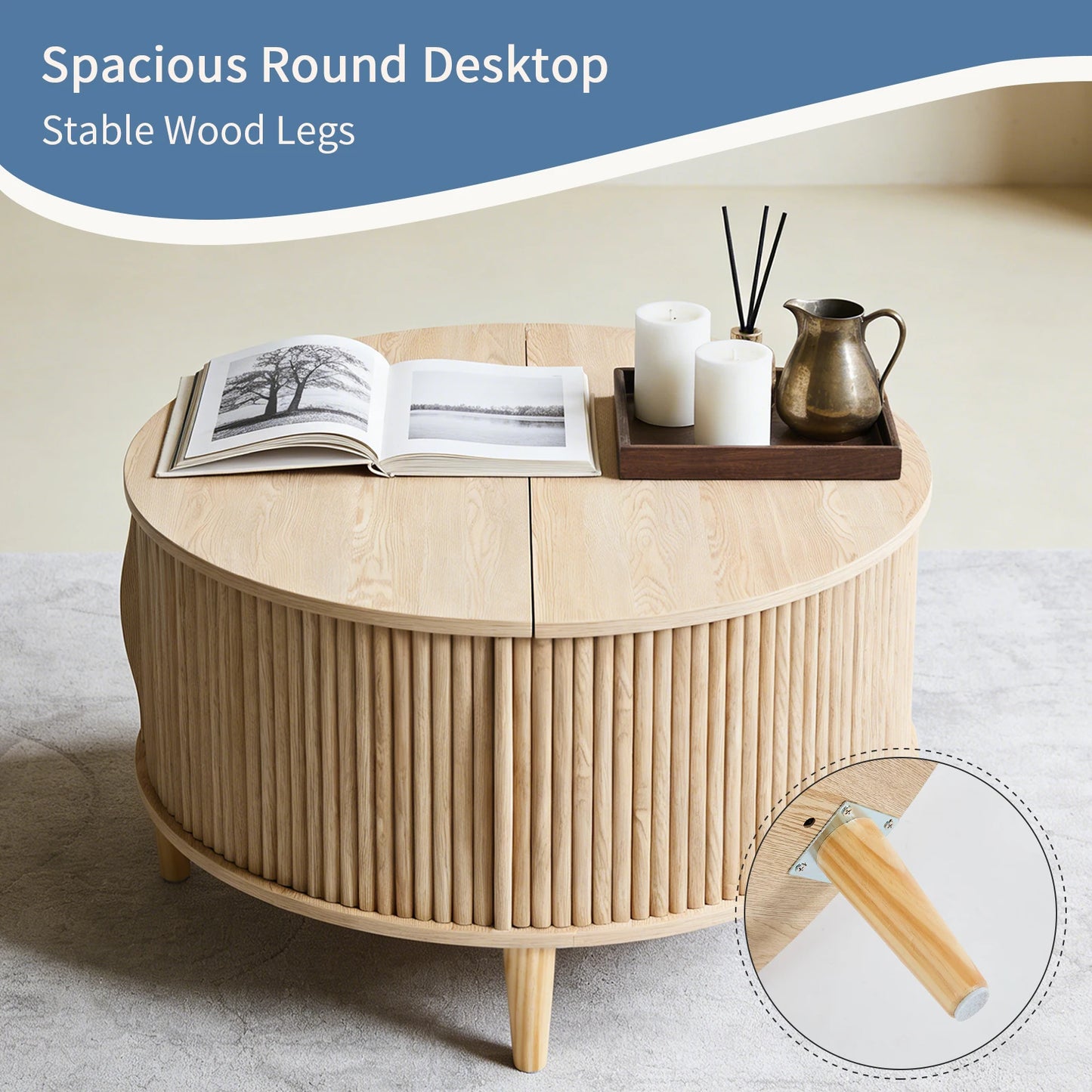 JHK 31IN Round Coffee Table with Flip-Top Storage Fluted Center Table 2-Tier Wood Desktop with Sliding Cabinet Door Living Room